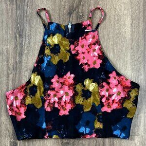 Abercrombie Black Navy Pink Floral Crop Top Back Zipper Sz XS
